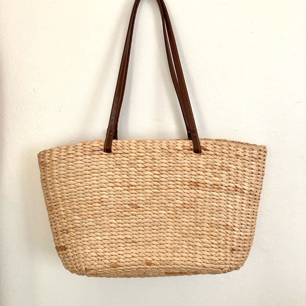 Woven Straw Tote Bag with Brown Leather Handles